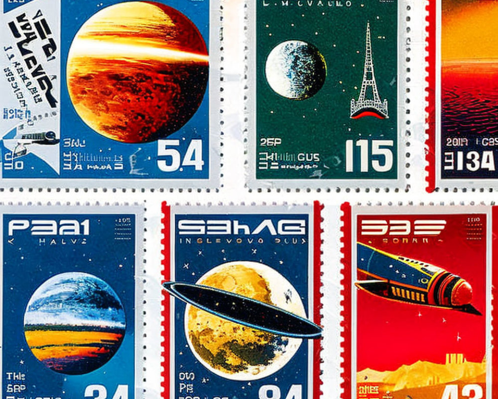 Six Colorful Postage Stamps: Planets, Spacecraft, Eiffel Tower, Art