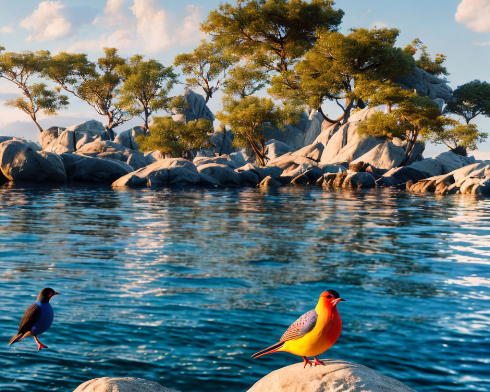 Colorful Bird Perched on Stone Near Tranquil Waters