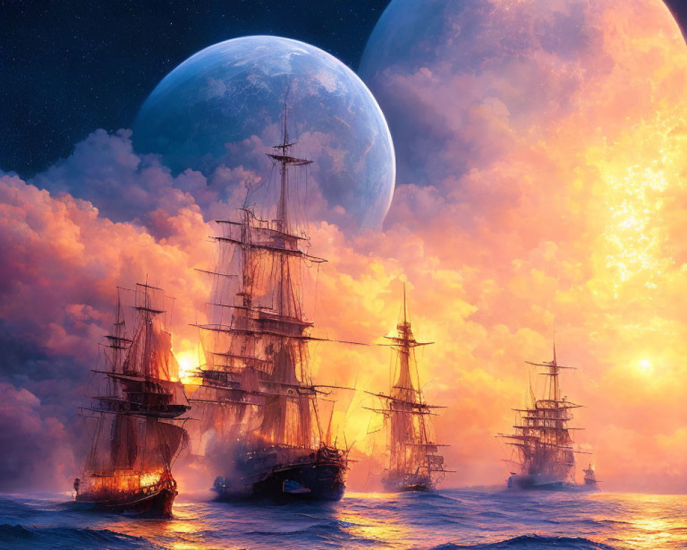 Fiery seas with sailing ships under two large moons