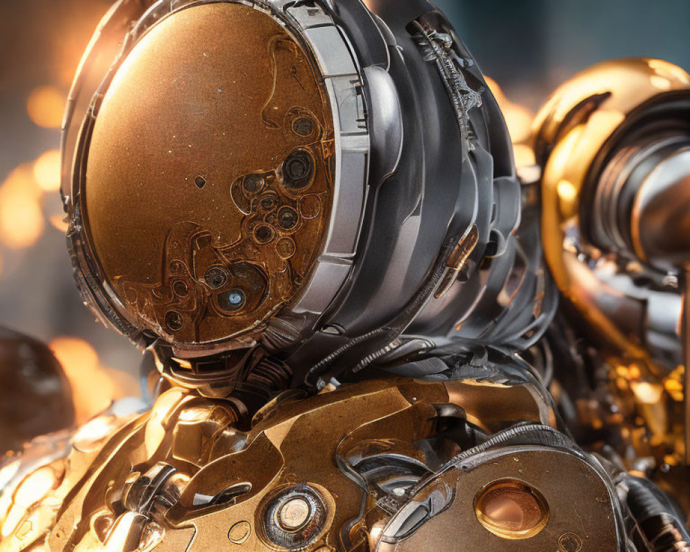 Detailed robotic figure with spherical head and golden hue, close-up shot.