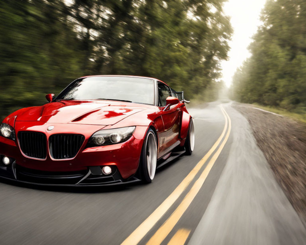 Speeding Red Sports Car on Misty Forest Road