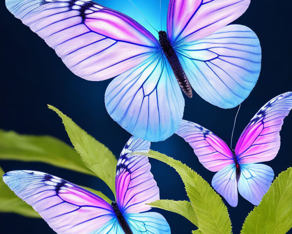 Three Vibrant Blue and White Butterflies on Green Leaves in Dark Blue Background