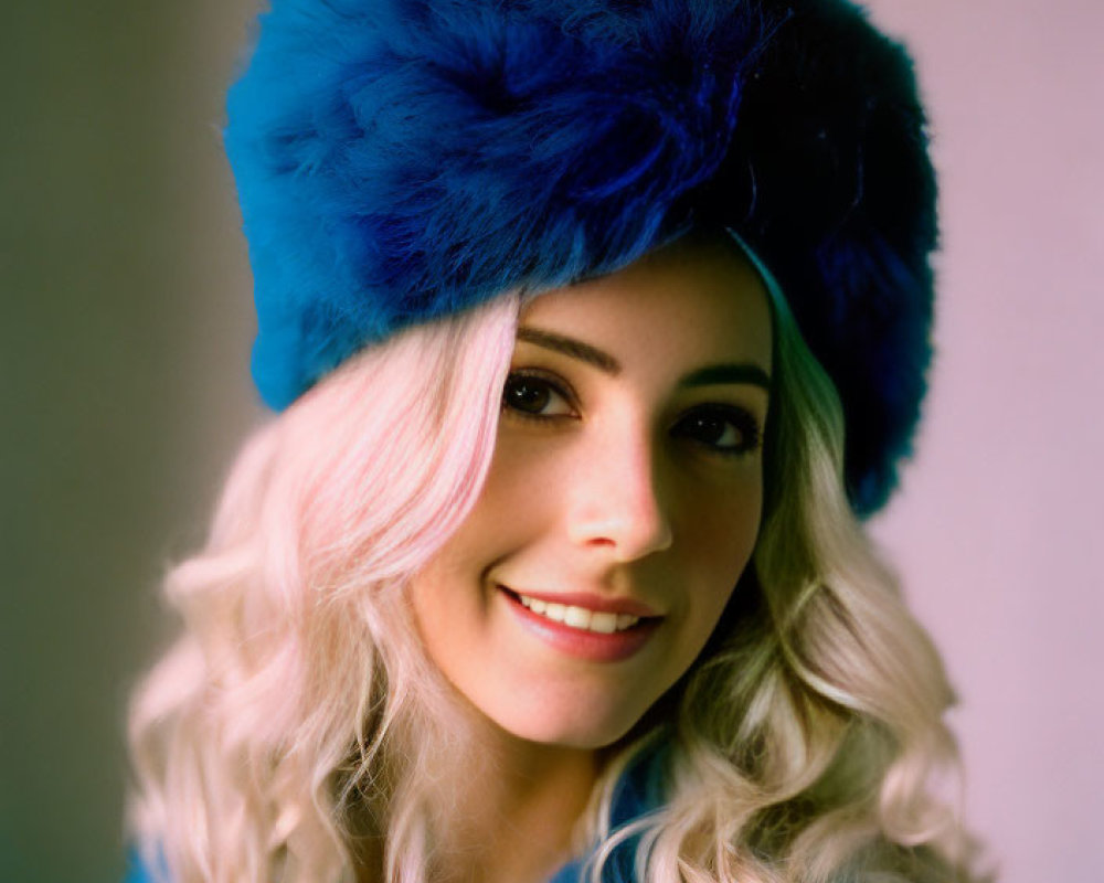 Blonde Woman in Blue Furry Hat and Coat Smiling