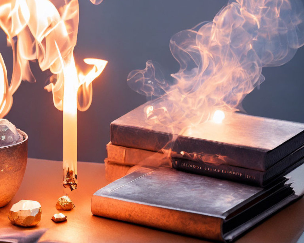 Intense candle flame near antique books and golden minerals on dark background