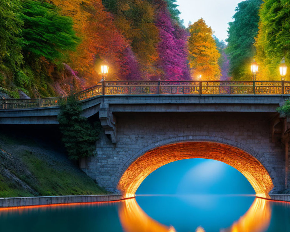 Stone bridge over calm waters at dusk with illuminated lamps and autumn trees