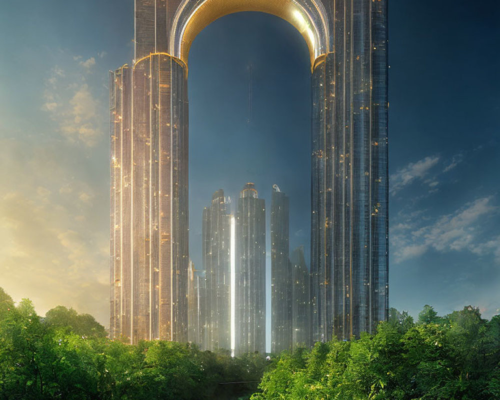 Twin skyscrapers connected by arch over forest with waterfall