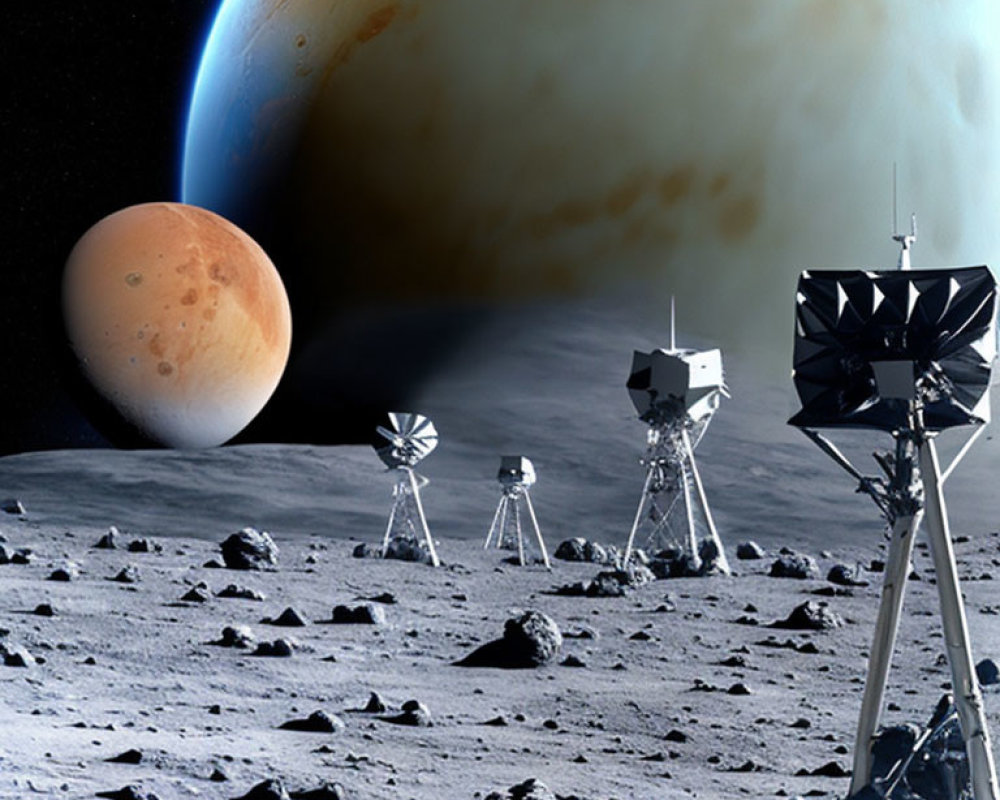 Lunar landscape with space probes, rocky terrain, and giant planets in the sky