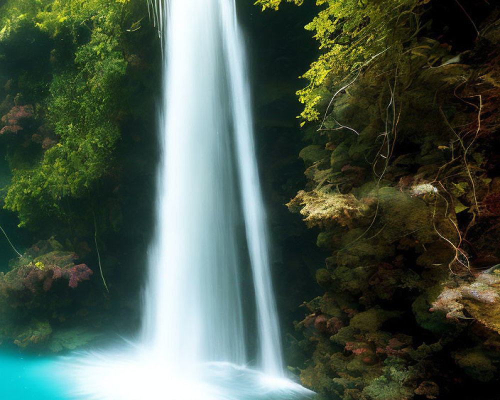 Tranquil waterfall cascading into turquoise pool amidst lush greenery