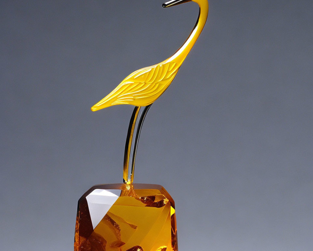 Yellow Bird Glass Sculpture on Amber Crystal Base