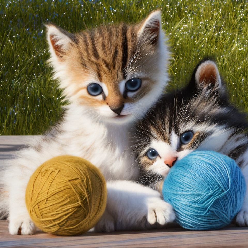 Fluffy Kittens Cuddling with Blue Eyes and Yarn Balls