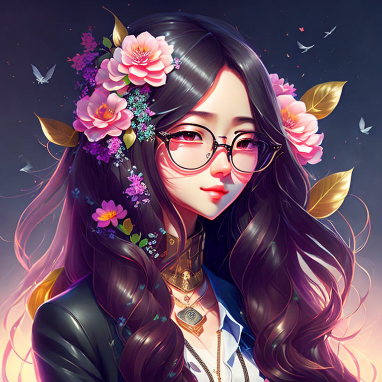 Woman with Floral Hair Adornments, Glasses, and Butterflies on Dark Background