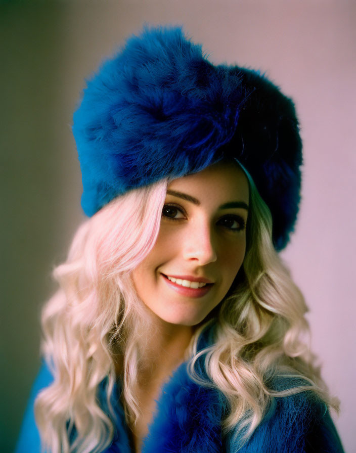 Blonde Woman in Blue Furry Hat and Coat Smiling