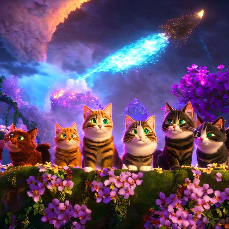 Five animated cats surrounded by purple flowers under a colorful night sky