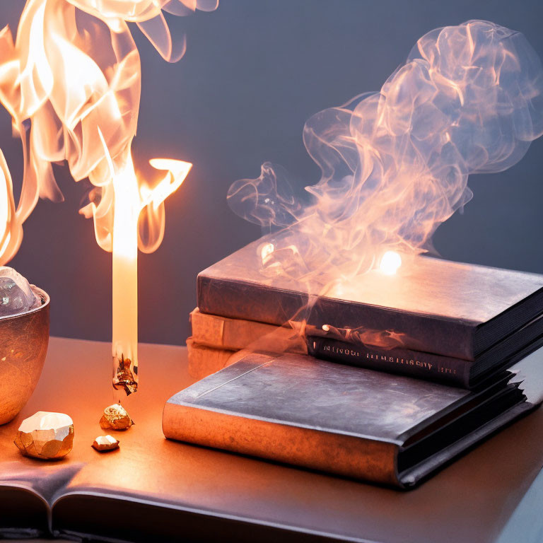 Intense candle flame near antique books and golden minerals on dark background