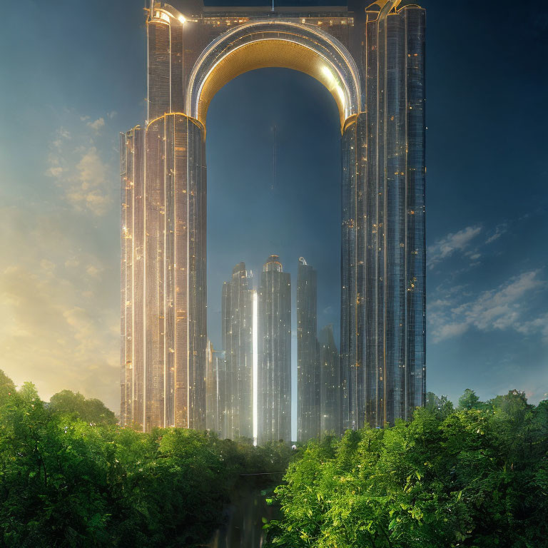 Twin skyscrapers connected by arch over forest with waterfall