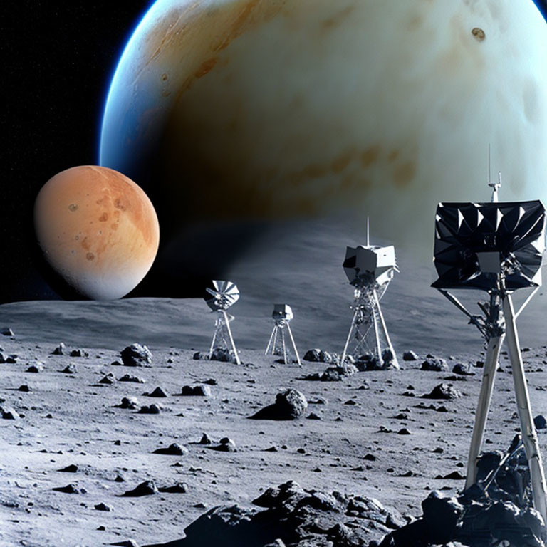 Lunar landscape with space probes, rocky terrain, and giant planets in the sky