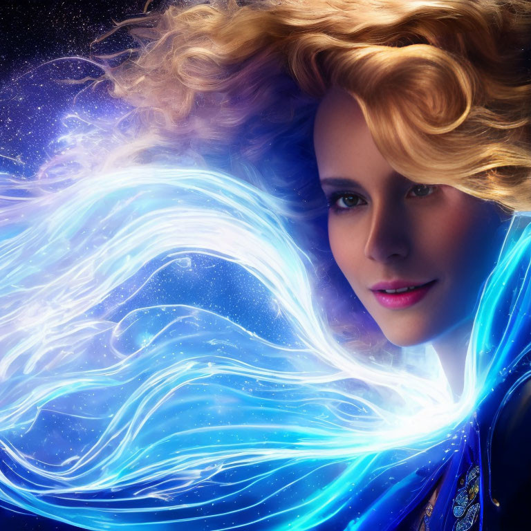 Blond Woman in Cosmic Energy Against Starry Space Background