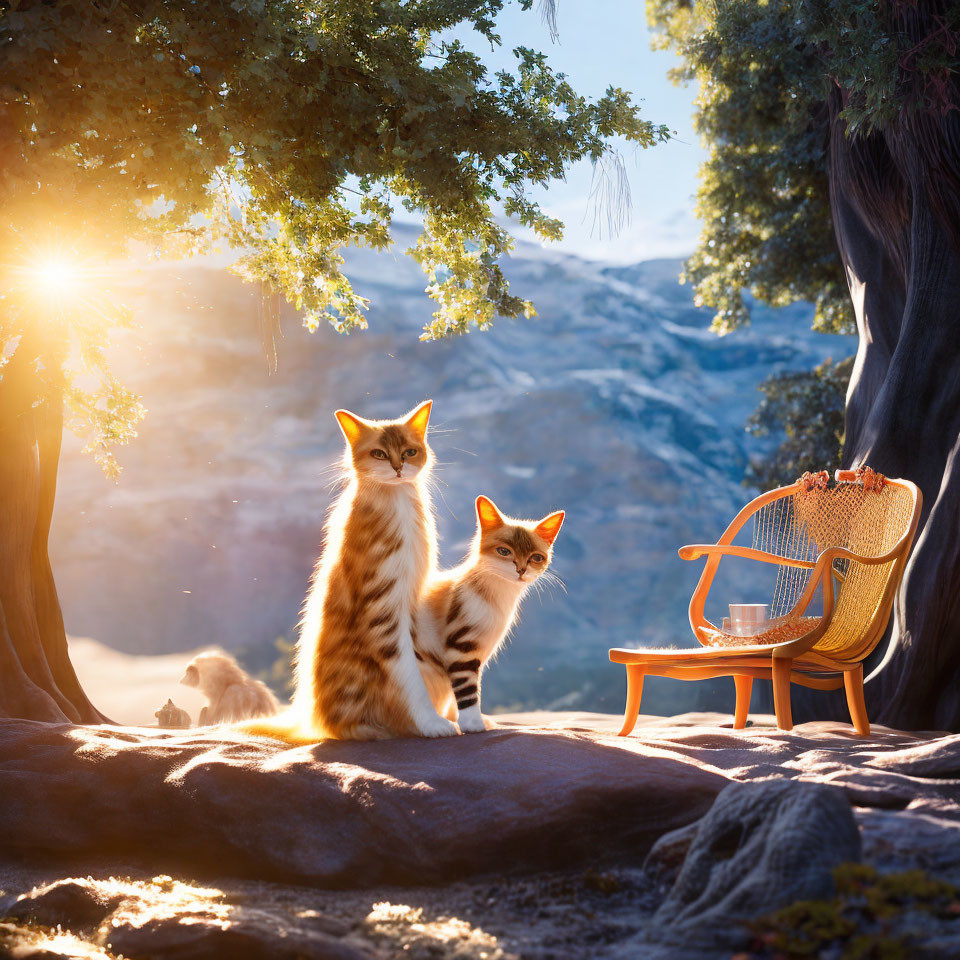 Two Cats by Wicker Chair in Outdoor Setting with Sunrise