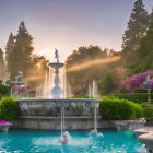 Ornate Fountain with Statues in Misty Garden at Dusk