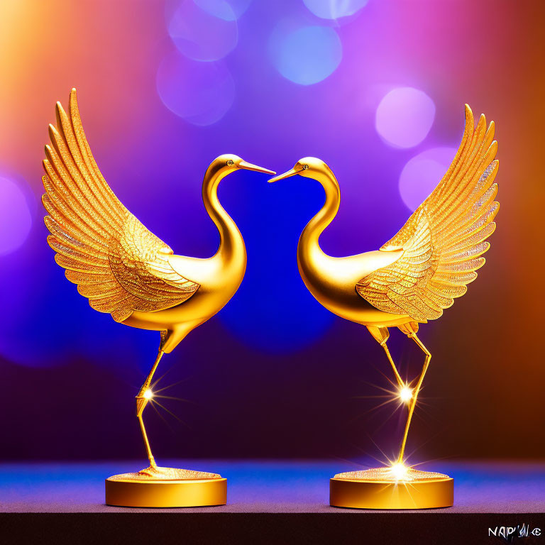 Golden crane statues facing each other on pedestals with purple and orange bokeh background