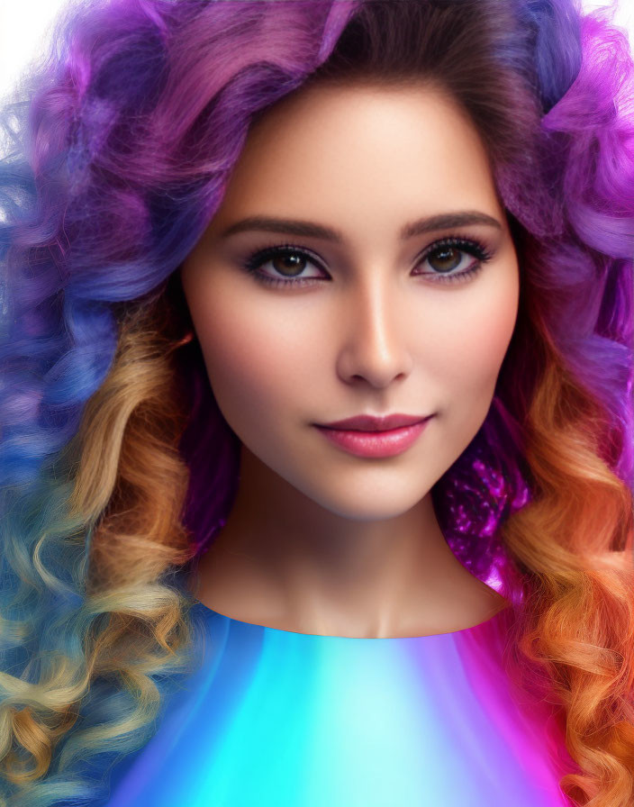 Portrait of Woman with Rainbow Hair and Soft Gaze