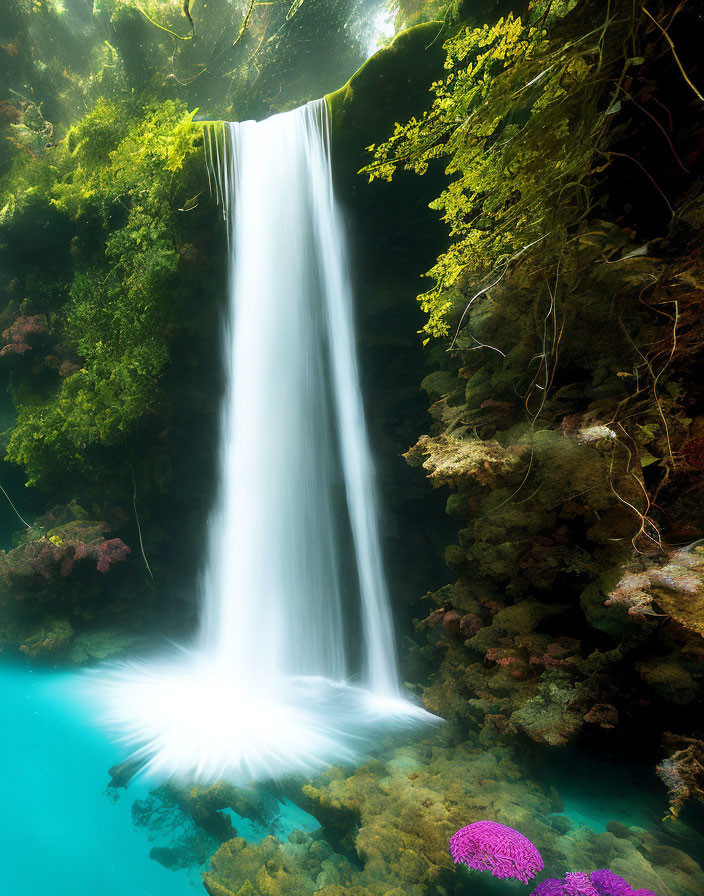 Tranquil waterfall cascading into turquoise pool amidst lush greenery