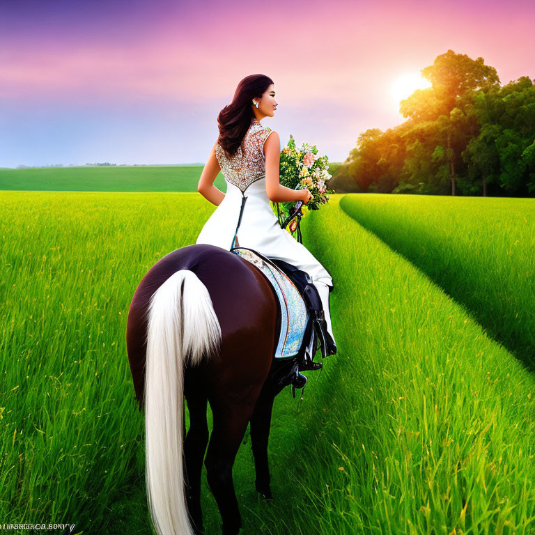 Woman in formal dress riding horse in green field at sunset with bouquet under warm sun glow