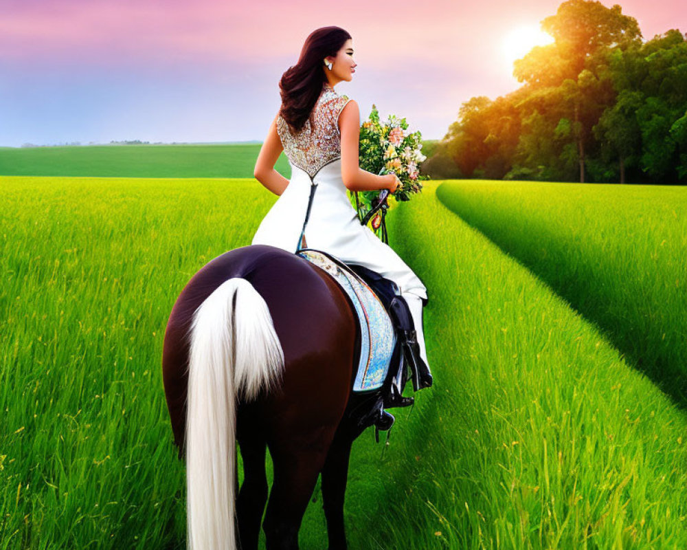 Woman in formal dress riding horse in green field at sunset with bouquet under warm sun glow