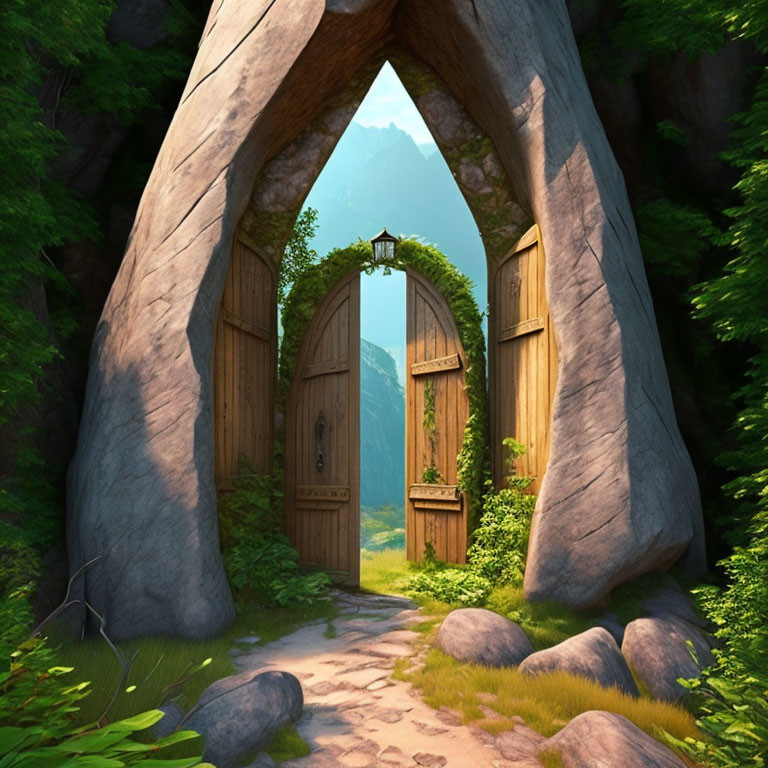 Large Wooden Doors Set in Stone Archway Amid Lush Greenery Opening to Distant Mountain