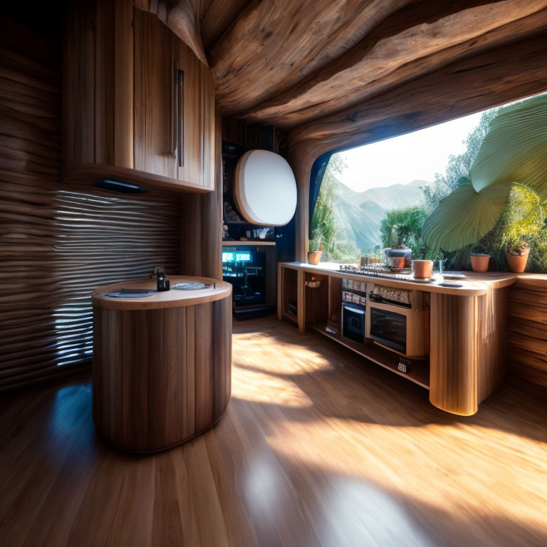 Curved wooden cabinets and round island in modern kitchen with mountain view