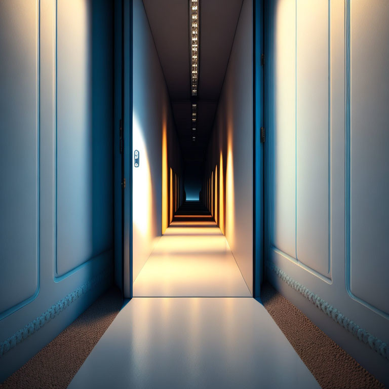 Narrow corridor with closed doors and warm lighting