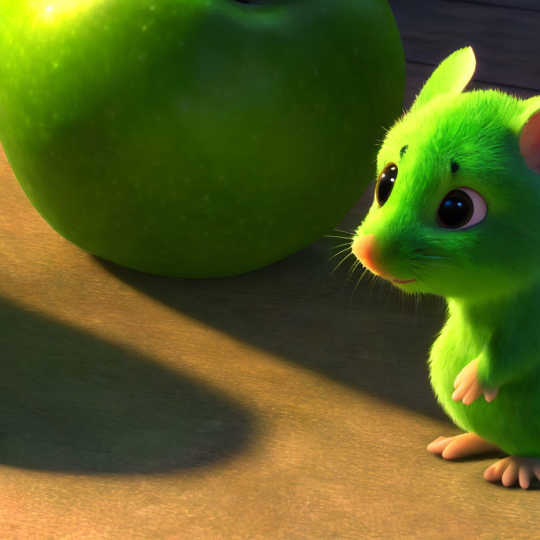 Green fuzzy cartoon mouse with large eyes next to giant green apple in sunny scene