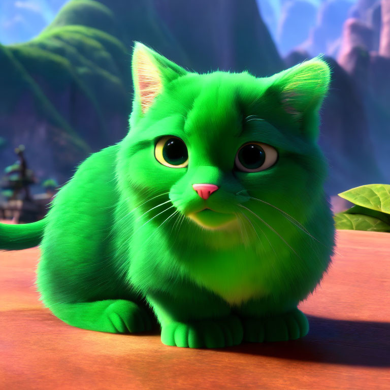 Vibrant Green Animated Cat in Sunny Mountain Landscape