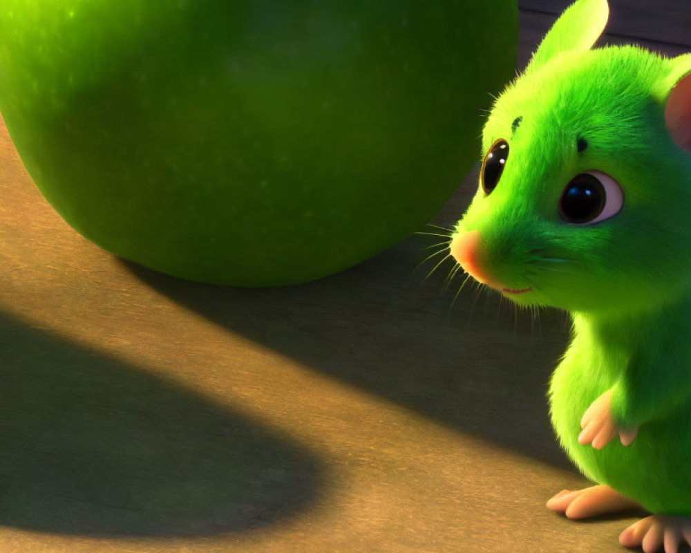 Green fuzzy cartoon mouse with large eyes next to giant green apple in sunny scene