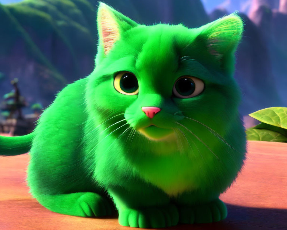 Vibrant Green Animated Cat in Sunny Mountain Landscape