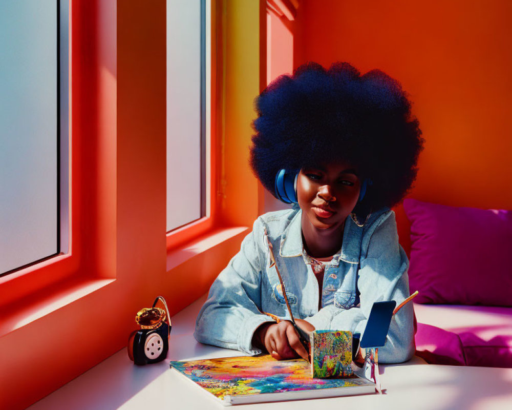 Woman with large afro, headphones, and journal in warm lit room