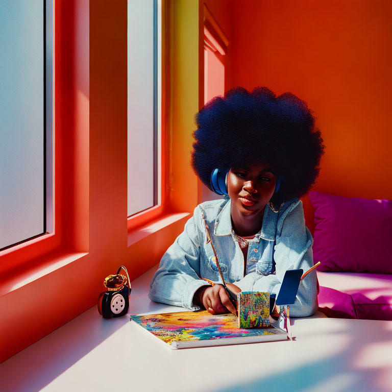 Woman with large afro, headphones, and journal in warm lit room