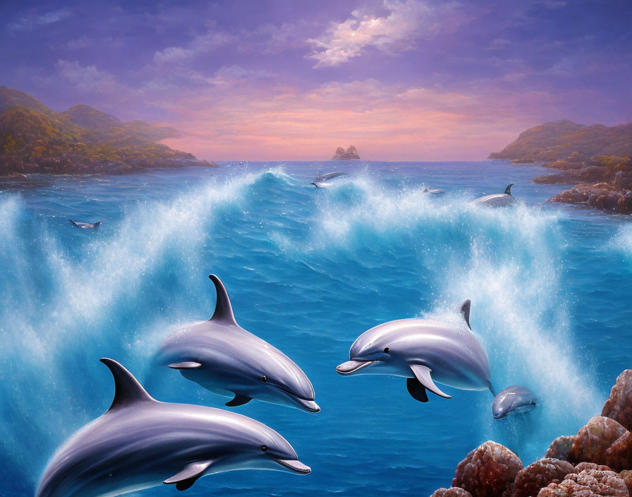 Dolphins Jumping Over Ocean Waves at Sunset