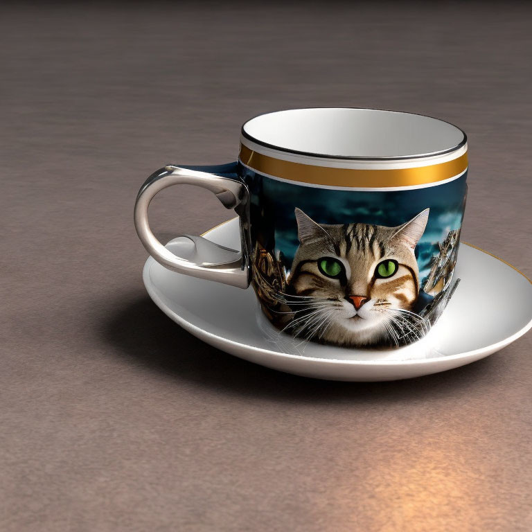 Cat Face Design Cup on Saucer on Textured Surface