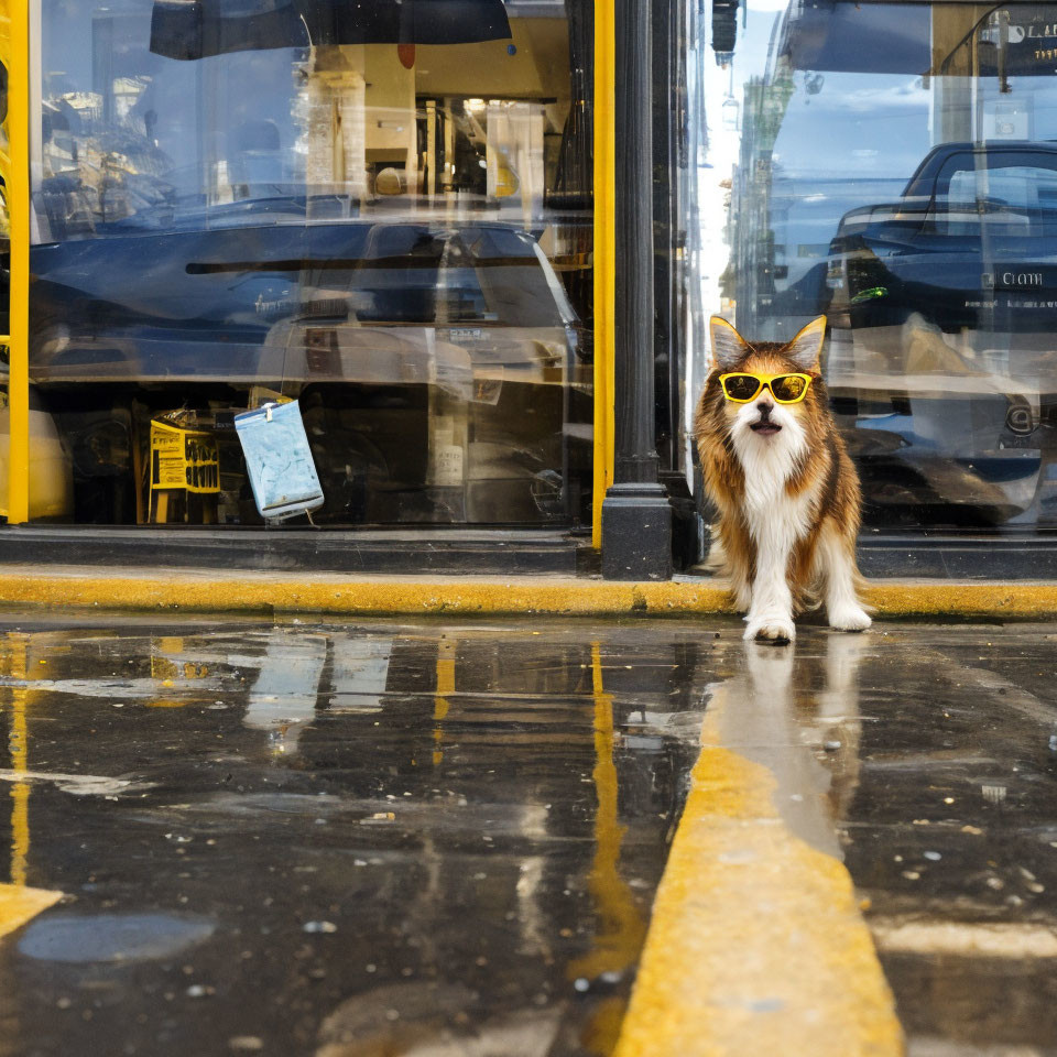 Cat with Yellow Sunglasses on Wet Pavement by Storefront