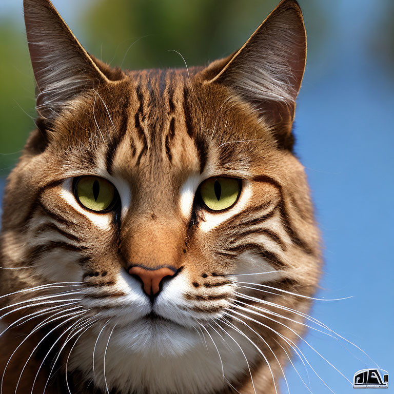 Tabby Cat with Striking Yellow Eyes and Whiskers on Patterned Fur Coat