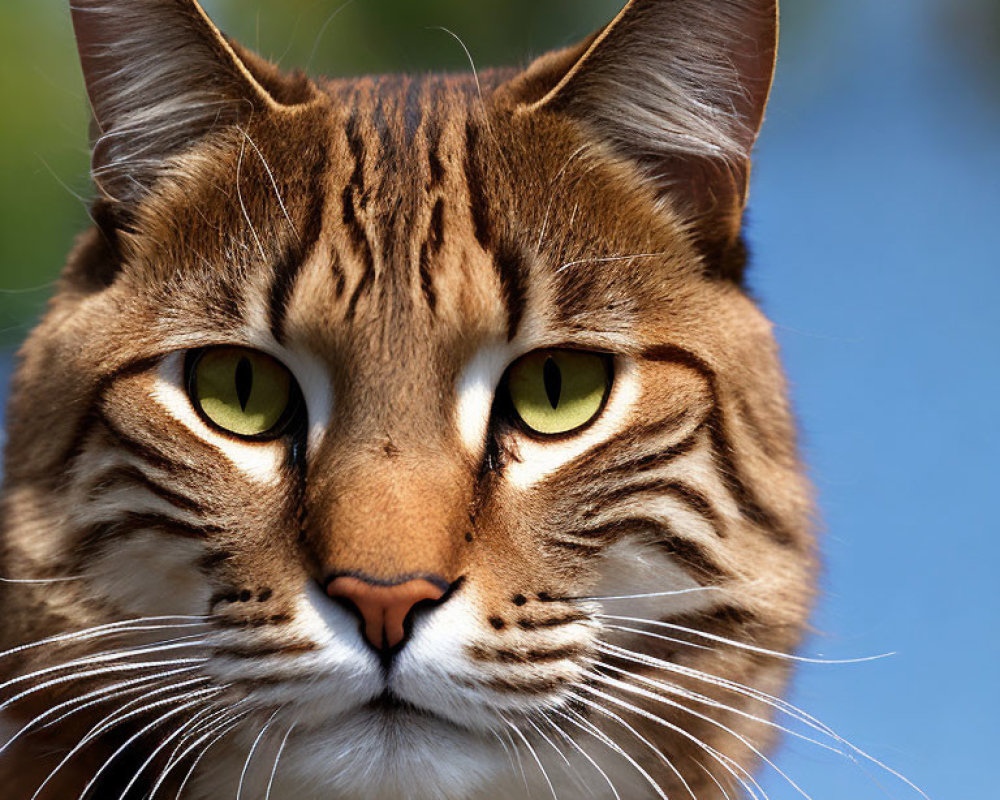 Tabby Cat with Striking Yellow Eyes and Whiskers on Patterned Fur Coat