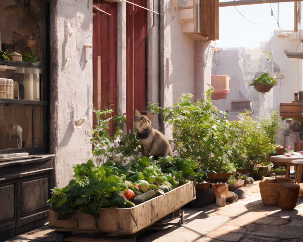 Sunlit European alley with potted plants, vegetables, and a cat on a cart.