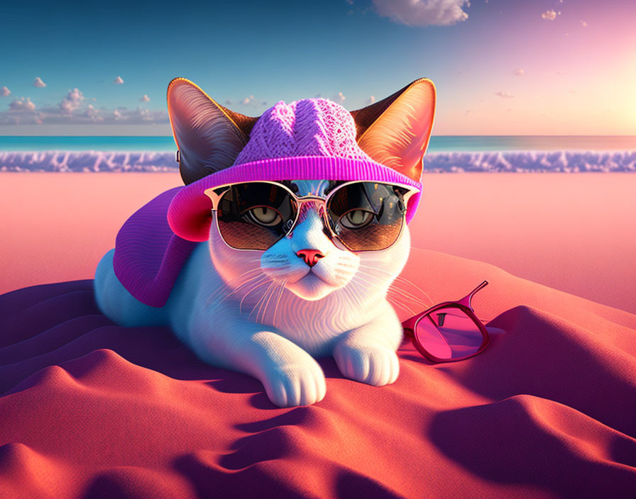 Stylized cat with sunglasses and pink hat on beach with pink sky