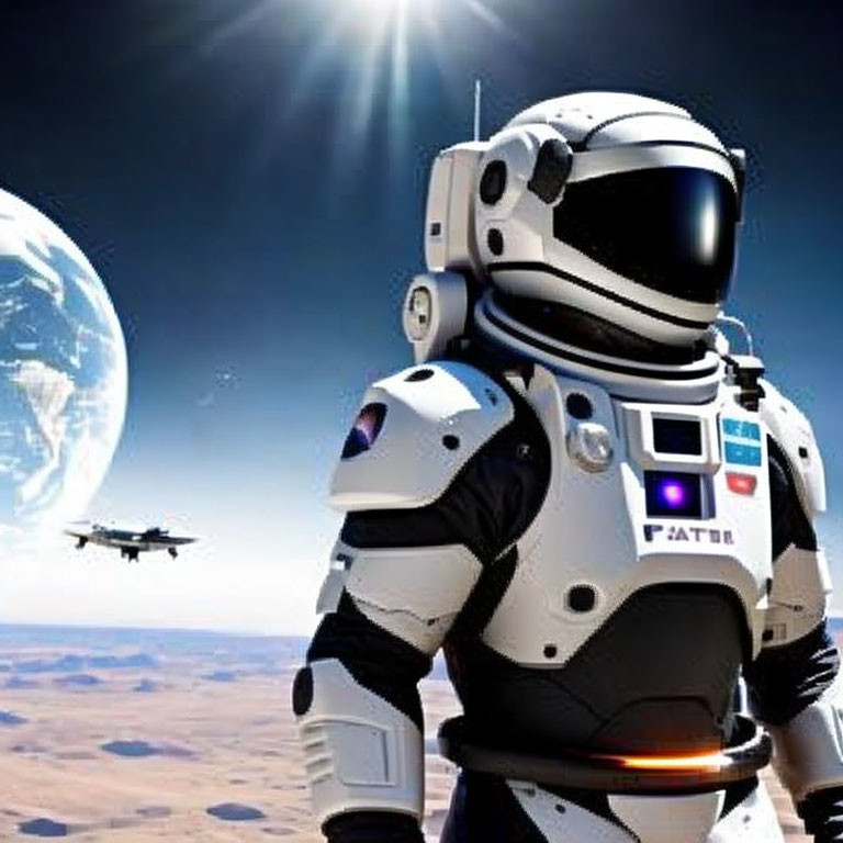 Astronaut on high altitude surface with Earth, drone, and sun.