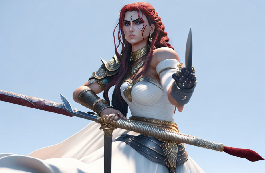 Warrior woman digital artwork with red hair in white dress and golden armor