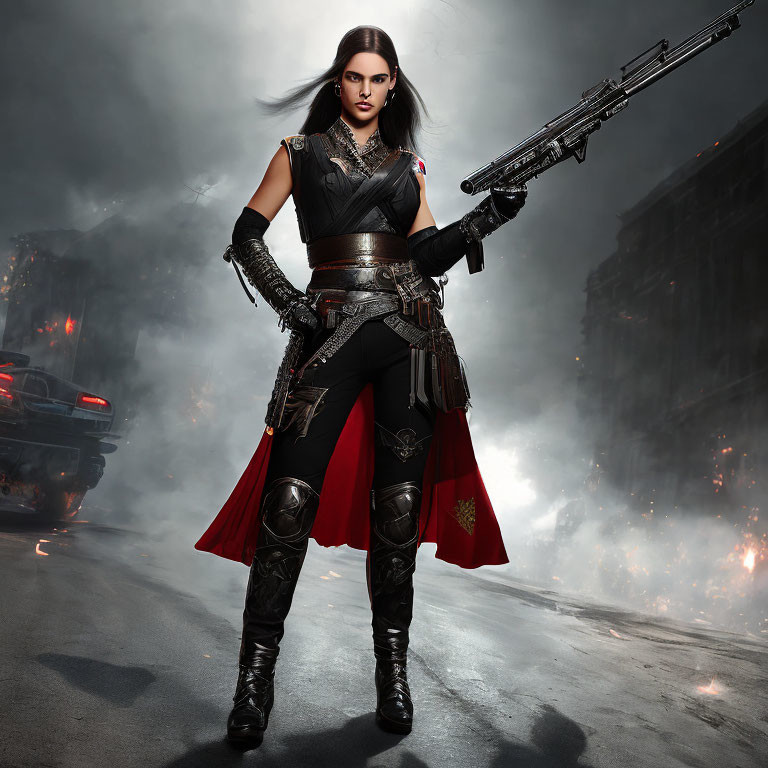 Warrior woman in black and red cape wields futuristic rifle in smoky ruins