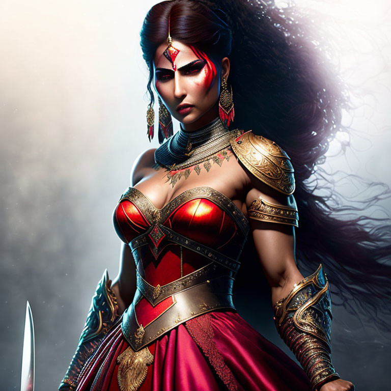 Female warrior with dark hair, red face paint, gold armor, and dagger