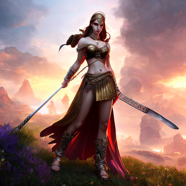 Fantasy warrior woman in gold-trimmed armor wields sword at sunset