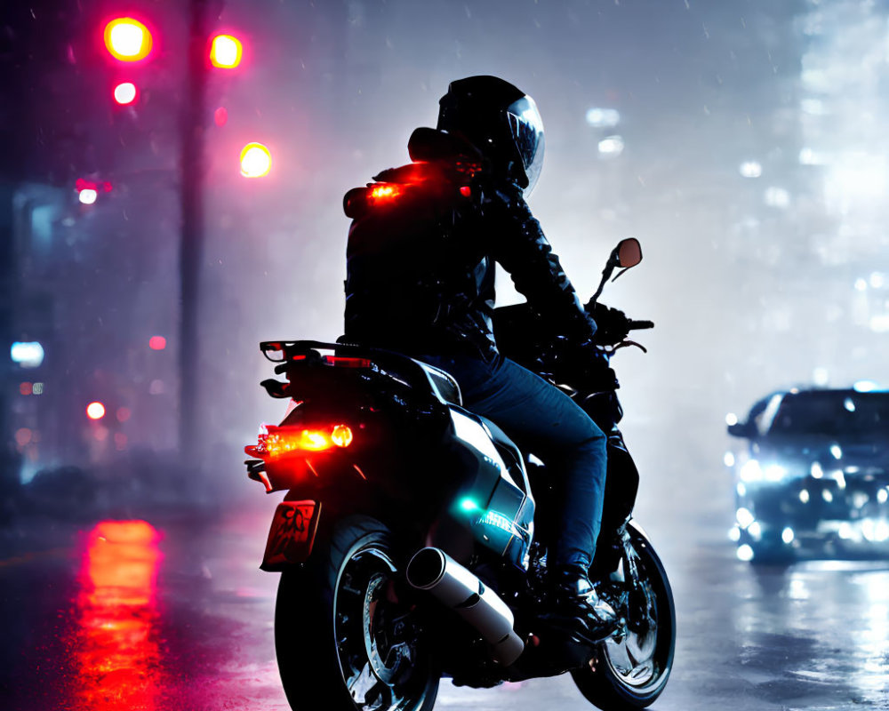 Motorcyclist at Night Rainy Intersection with Glowing Lights